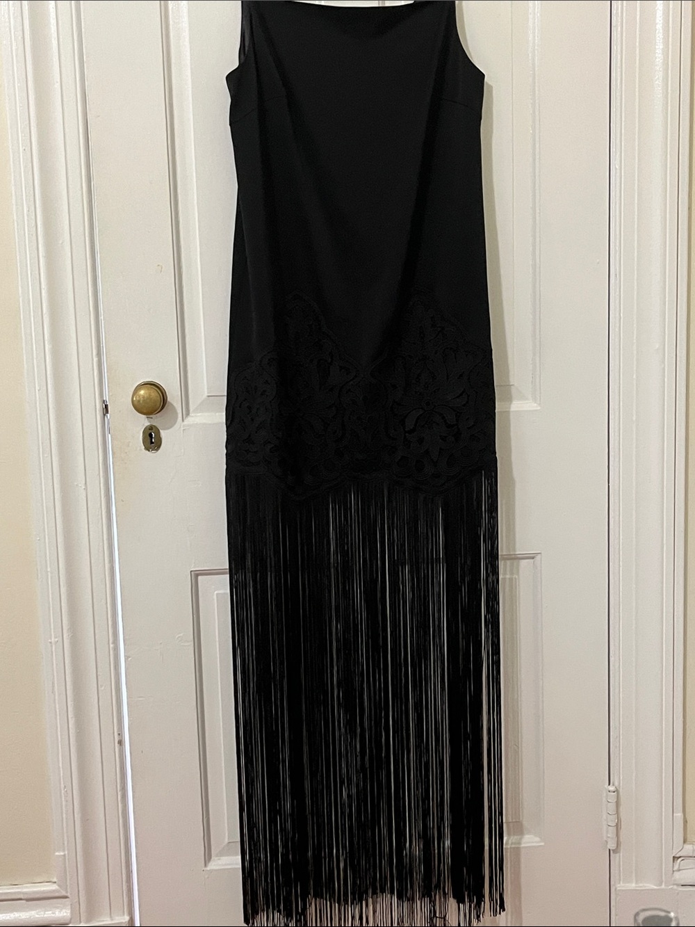Emanuel Ungaro Nino Black Maxi Fringe Slip Dress with Lace Motif NWT